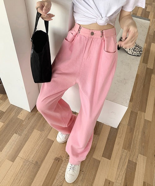 2WAYデザインジーンズデニム深めのウエストタックハイウエストデニムパンツ