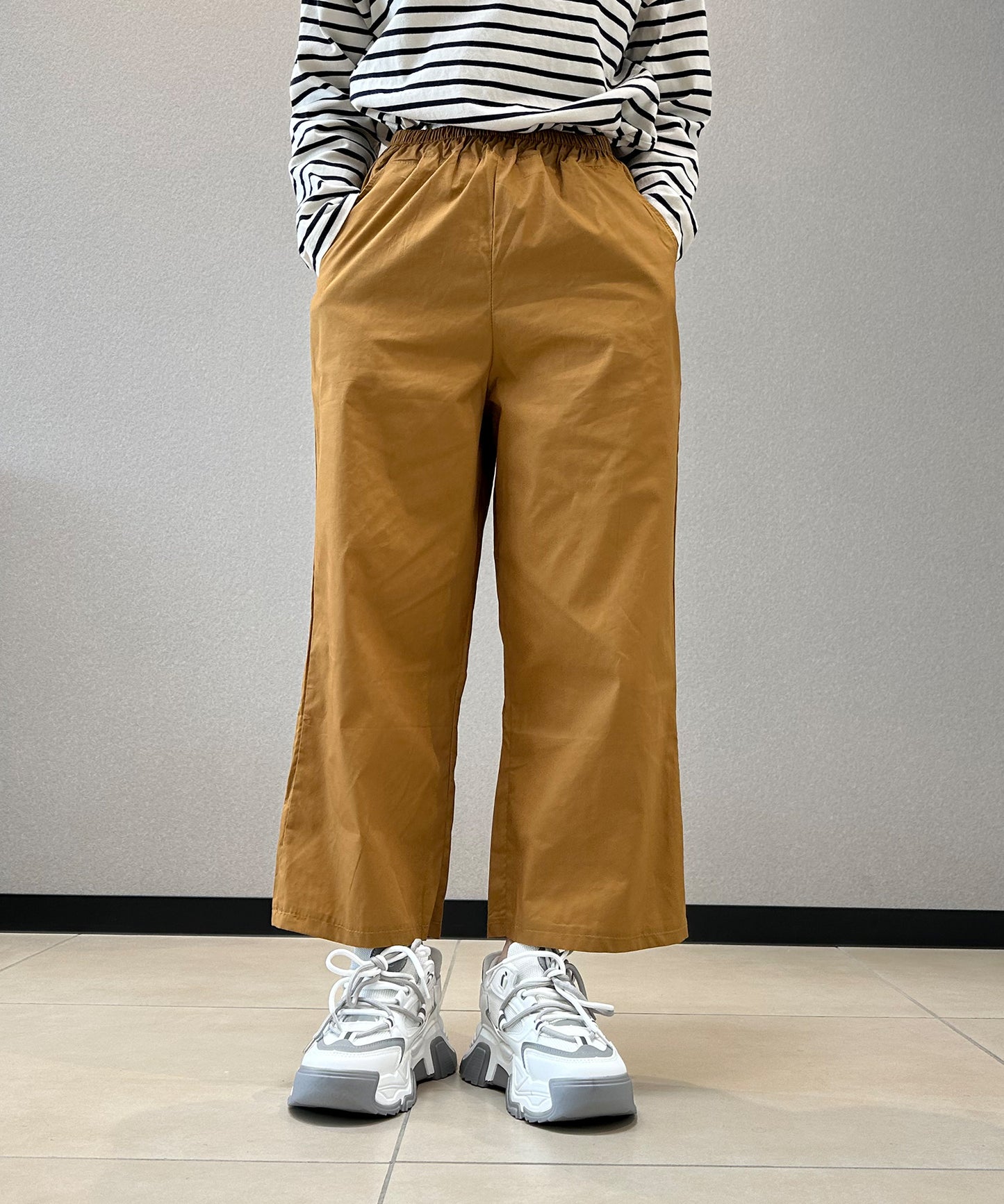 7分丈 リネン風ワイドパンツ
