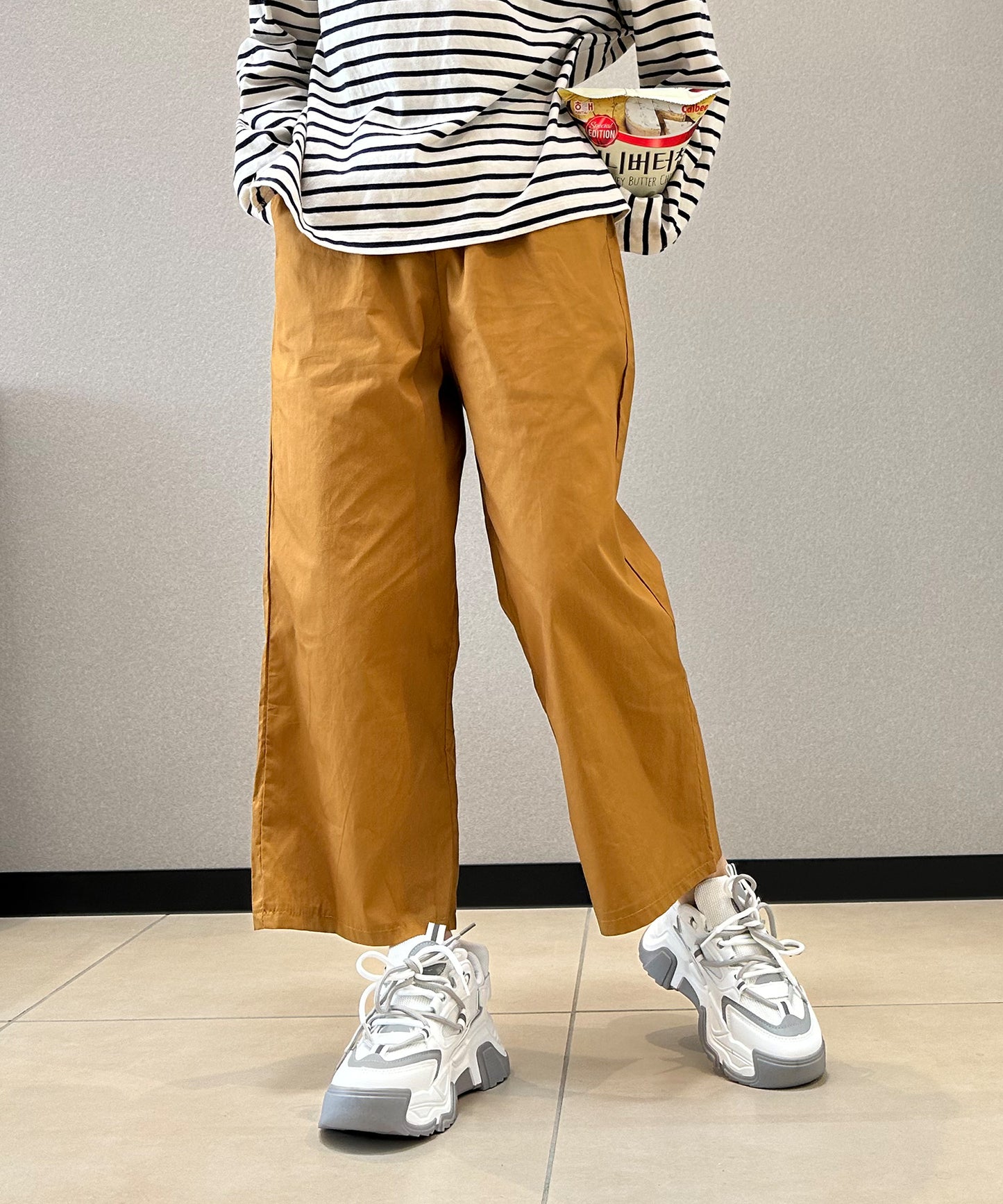 7分丈 リネン風ワイドパンツ