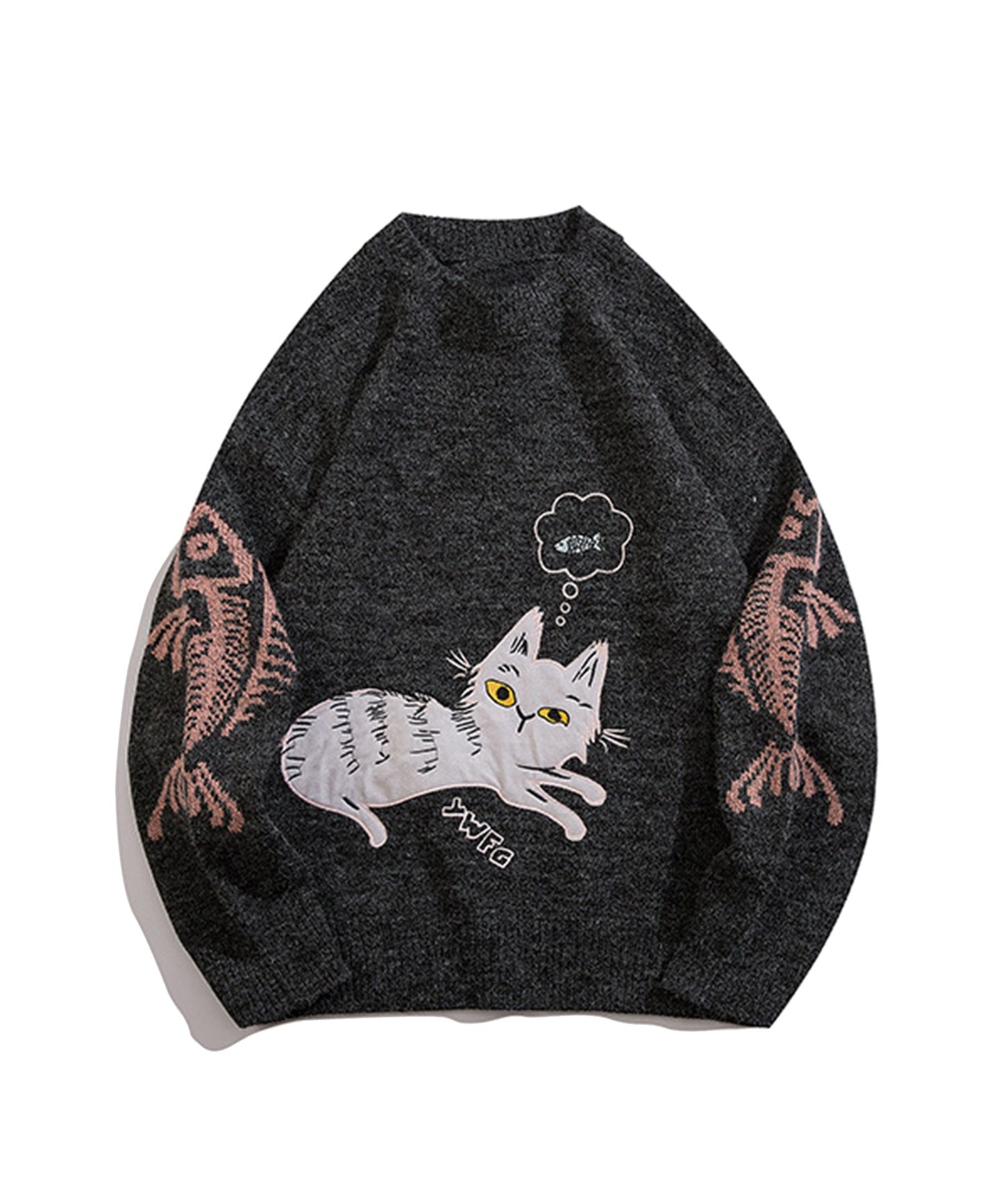 【HOOK】個性派・かわいい猫とサカナ刺繍ニットセーター