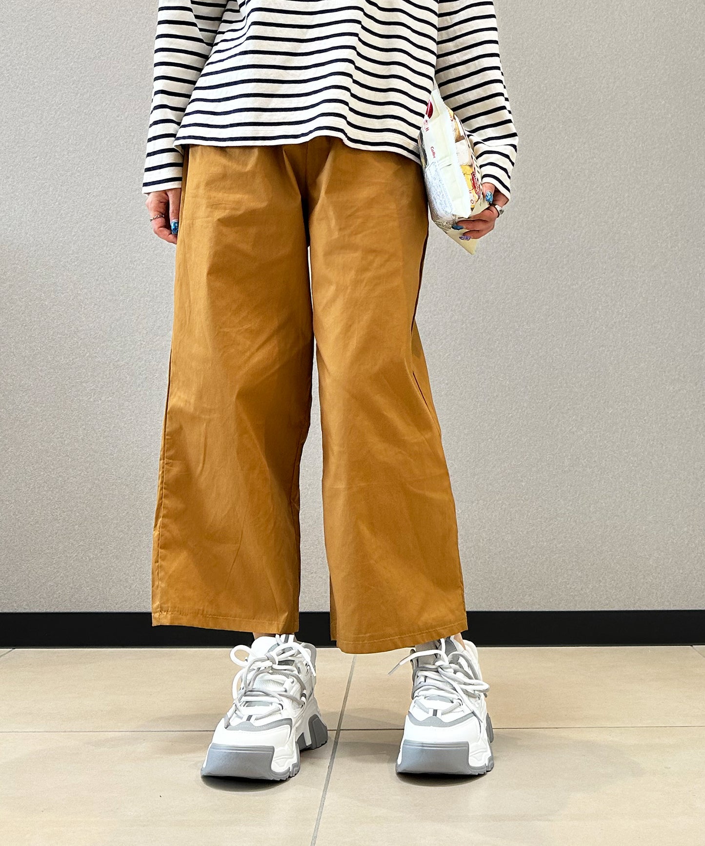 7分丈 リネン風ワイドパンツ