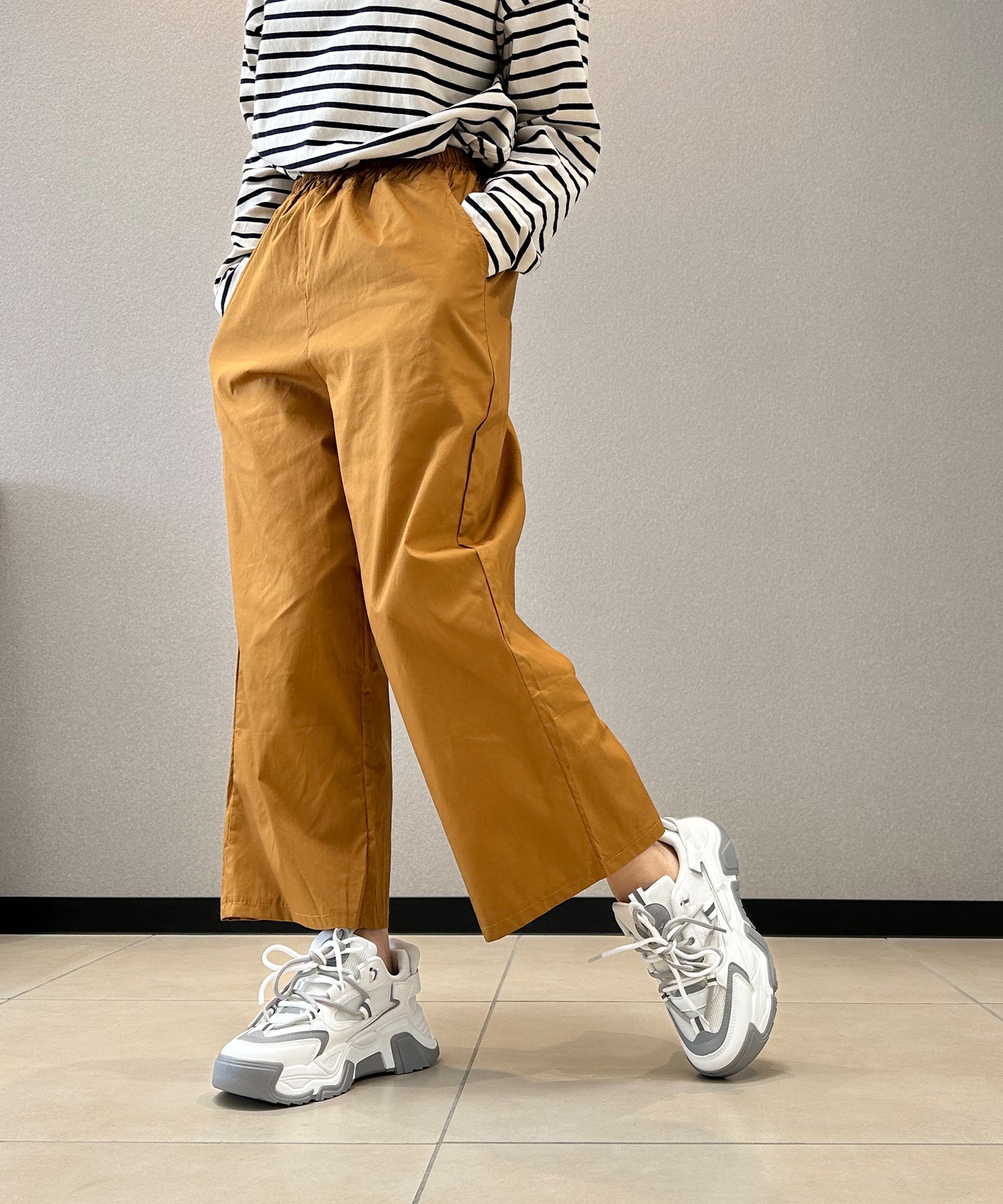 7分丈 リネン風ワイドパンツ