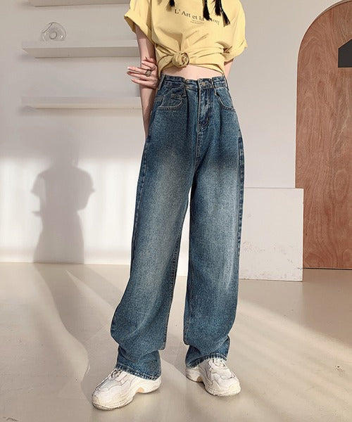 2WAYデザインジーンズデニム深めのウエストタックハイウエストデニムパンツ