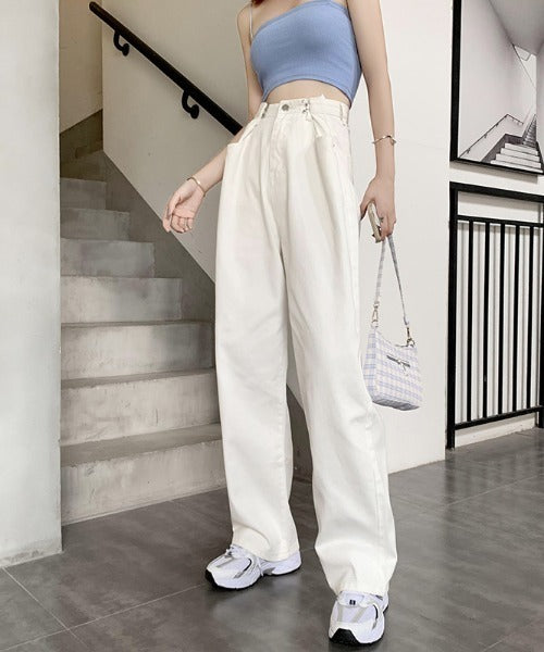 2WAYデザインジーンズデニム深めのウエストタックハイウエストデニムパンツ