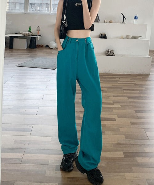 2WAYデザインジーンズデニム深めのウエストタックハイウエストデニムパンツ