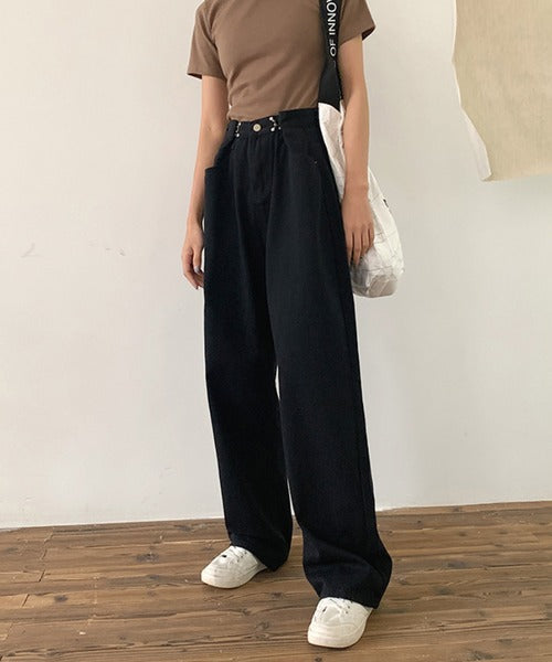 2WAYデザインジーンズデニム深めのウエストタックハイウエストデニムパンツ