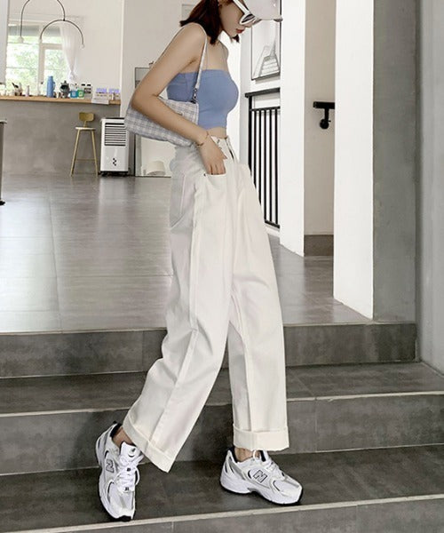 2WAYデザインジーンズデニム深めのウエストタックハイウエストデニムパンツ