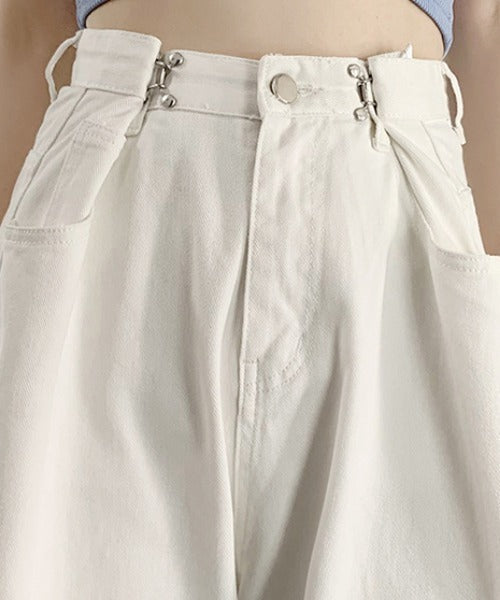 2WAYデザインジーンズデニム深めのウエストタックハイウエストデニムパンツ