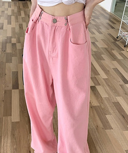 2WAYデザインジーンズデニム深めのウエストタックハイウエストデニムパンツ