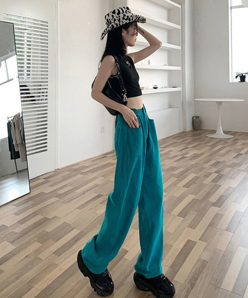 2WAYデザインジーンズデニム深めのウエストタックハイウエストデニムパンツ