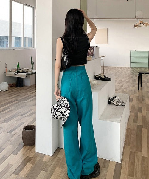 2WAYデザインジーンズデニム深めのウエストタックハイウエストデニムパンツ