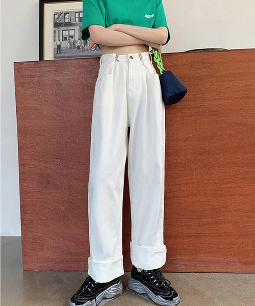 2WAYデザインジーンズデニム深めのウエストタックハイウエストデニムパンツ