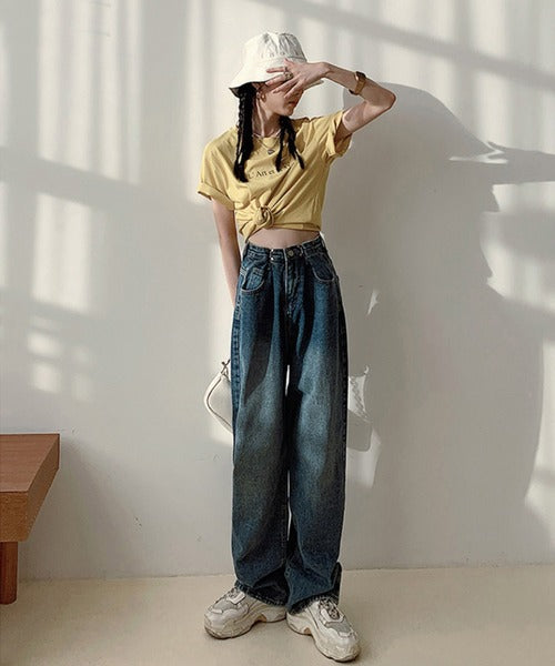 2WAYデザインジーンズデニム深めのウエストタックハイウエストデニムパンツ
