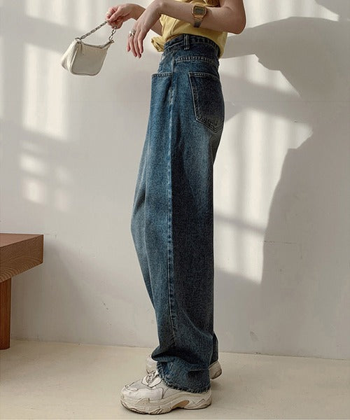 2WAYデザインジーンズデニム深めのウエストタックハイウエストデニムパンツ