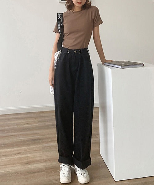 2WAYデザインジーンズデニム深めのウエストタックハイウエストデニムパンツ