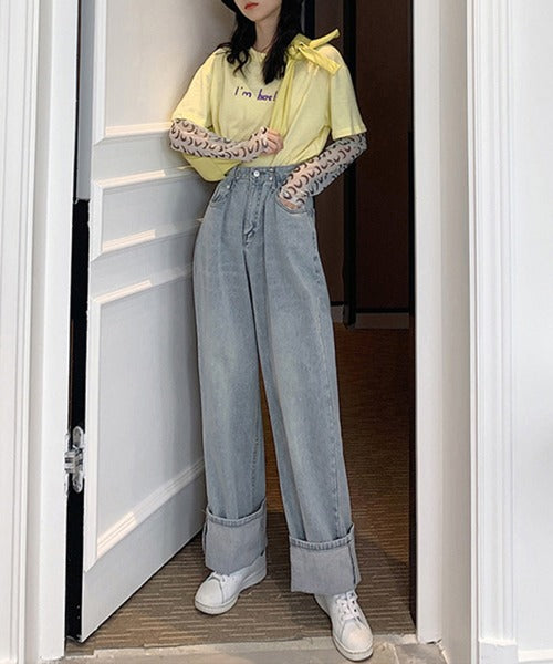 2WAYデザインジーンズデニム深めのウエストタックハイウエストデニムパンツ