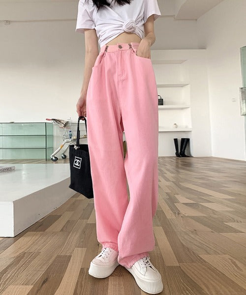 2WAYデザインジーンズデニム深めのウエストタックハイウエストデニムパンツ