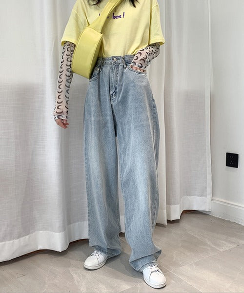 2WAYデザインジーンズデニム深めのウエストタックハイウエストデニムパンツ