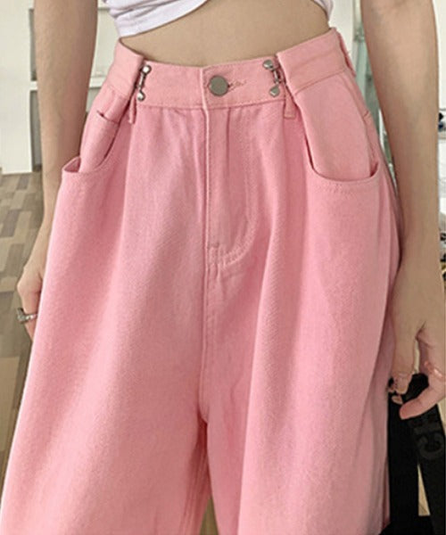 2WAYデザインジーンズデニム深めのウエストタックハイウエストデニムパンツ