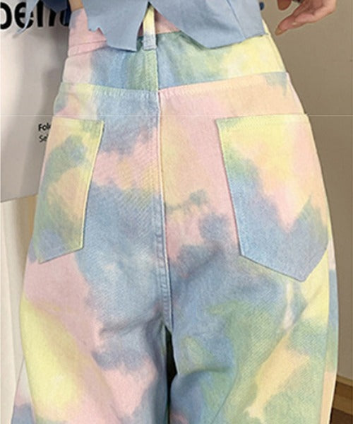 2WAYデザインジーンズデニム深めのウエストタックハイウエストデニムパンツ