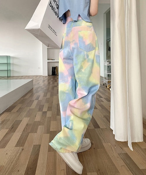 2WAYデザインジーンズデニム深めのウエストタックハイウエストデニムパンツ