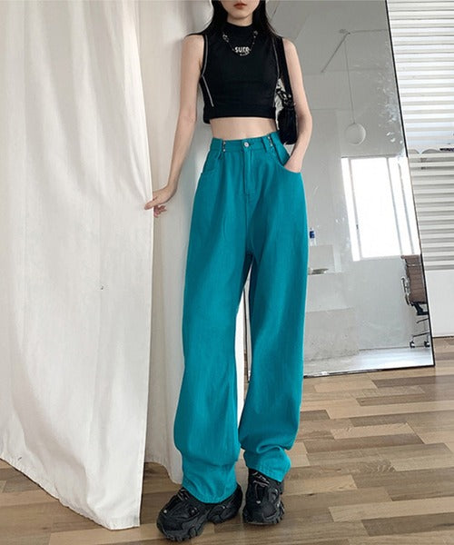 2WAYデザインジーンズデニム深めのウエストタックハイウエストデニムパンツ