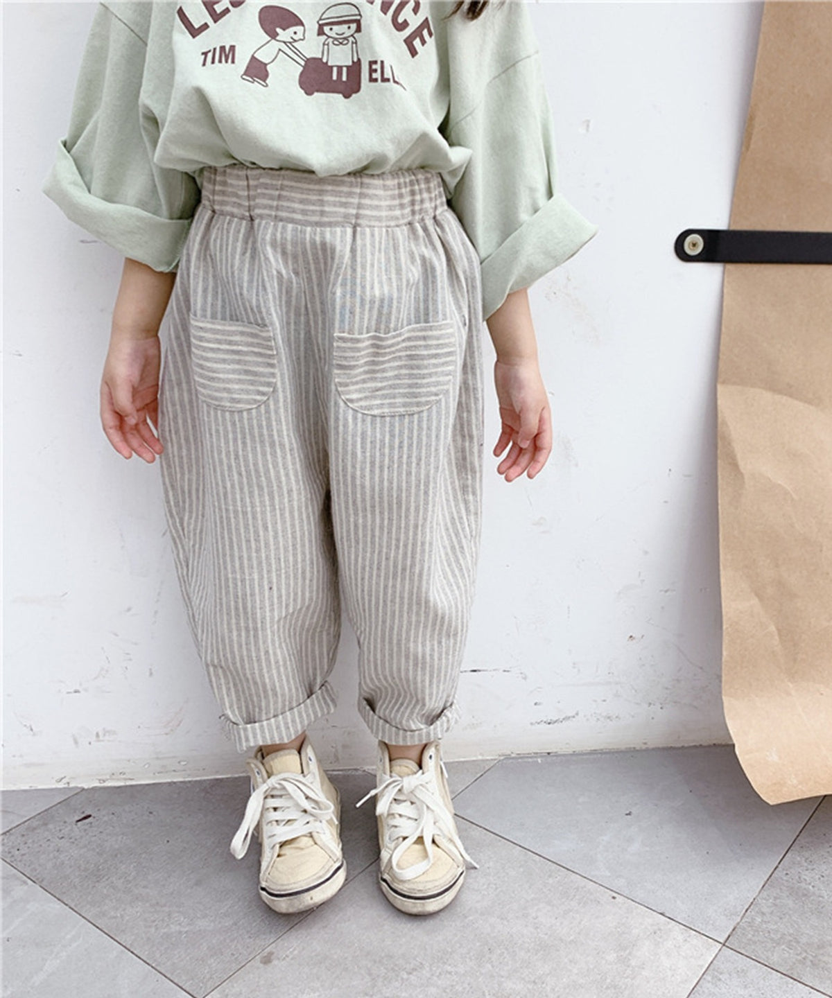 【aimoha-KIDS-】春夏/子供服 キッズ万能ボトム ストライプ柄テーパード ロングパンツ