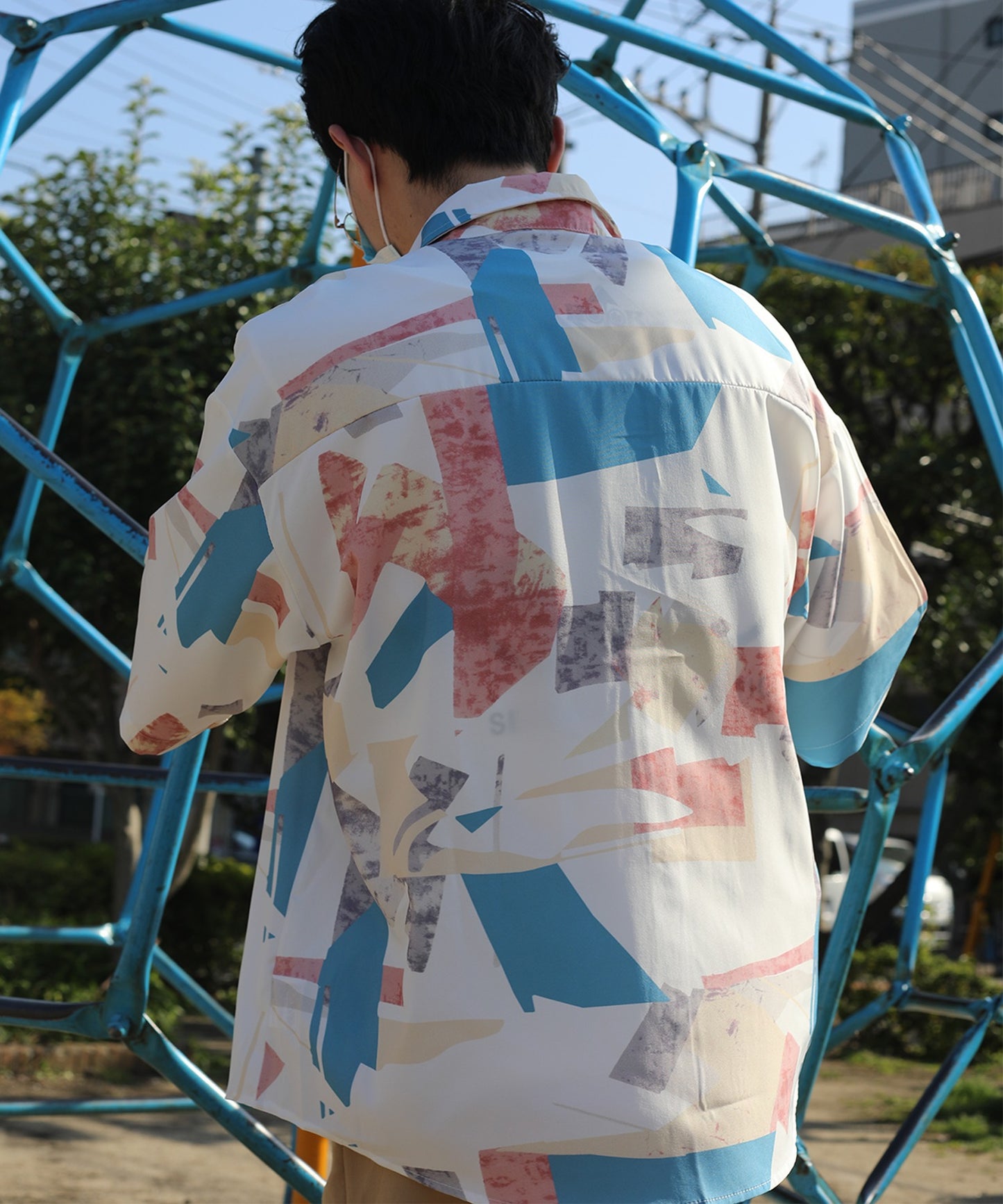 【HOOK-】 レトロ調 古着風総柄ビッグオーバーシャツ