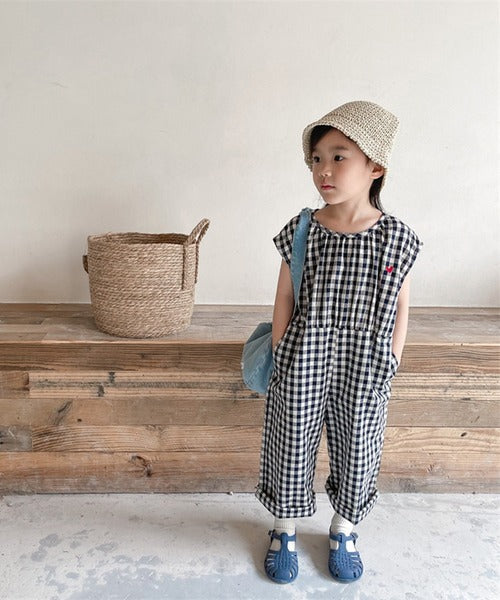 【aimoha-KIDS- 】韓国子供服 ギンガムチェックノースリーブオールインワン
