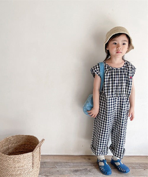 【aimoha-KIDS- 】韓国子供服 ギンガムチェックノースリーブオールインワン