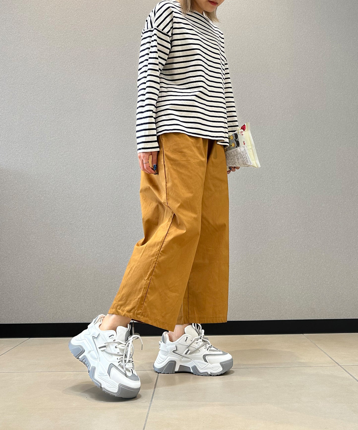 7分丈 リネン風ワイドパンツ