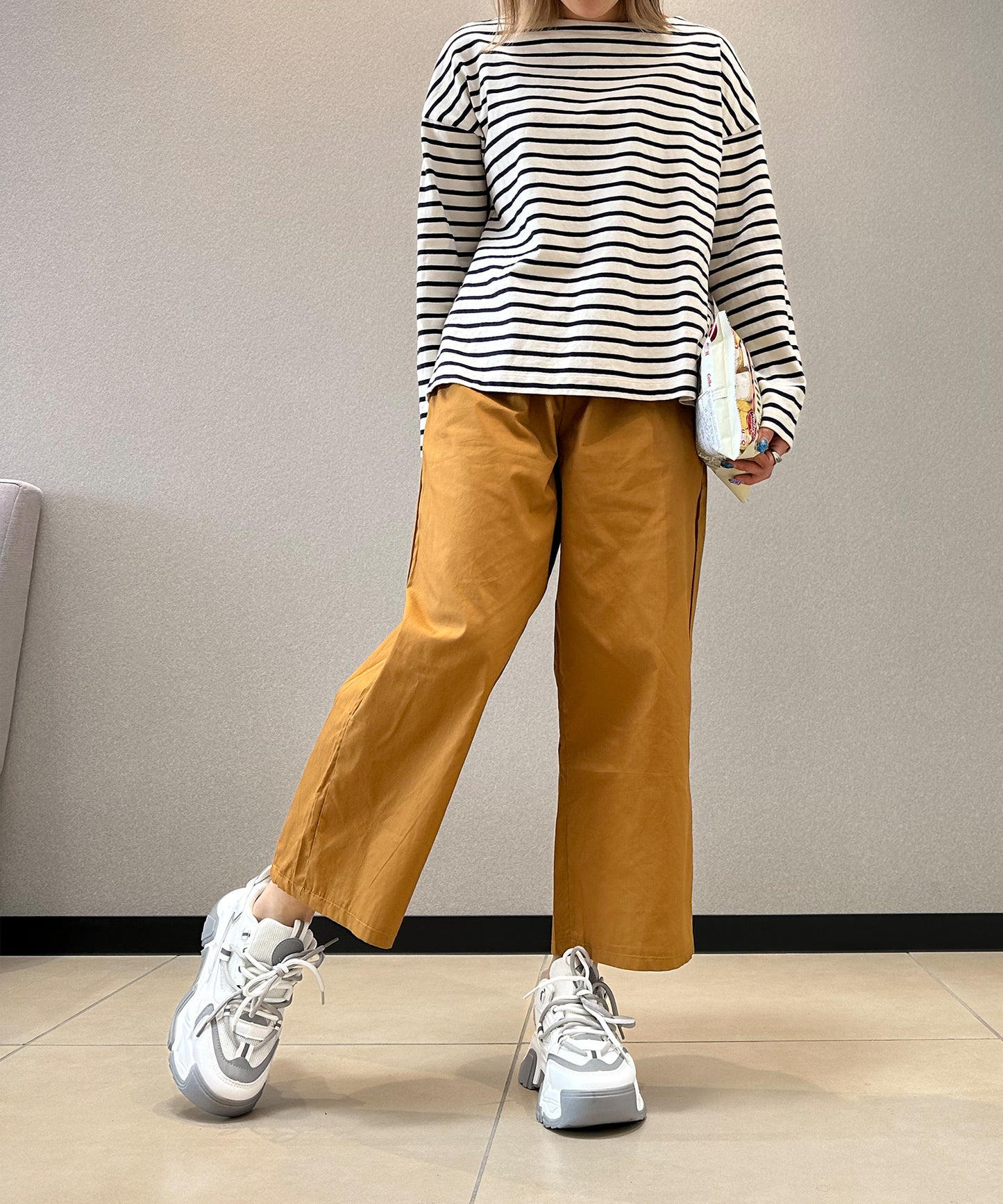 7分丈 リネン風ワイドパンツ