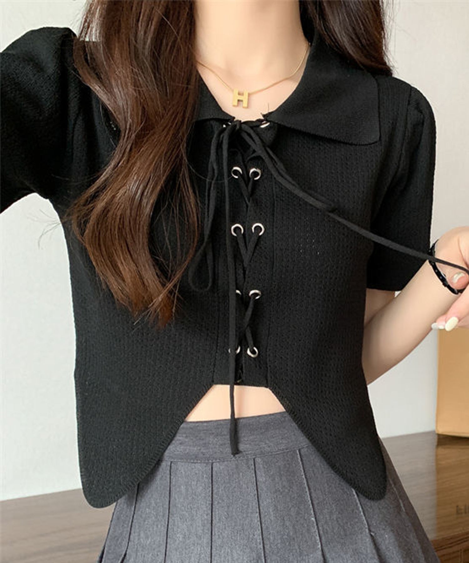 【Jasmine】レースアップショート丈半袖トップス
