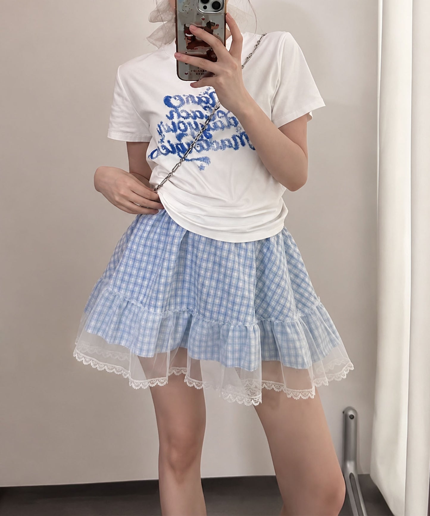HOOK for girls　チュールレース 裾フリル チェックミニスカート