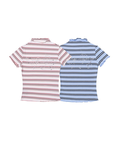 HOOK for girls　ランダムボーダー柄メロウフリル半袖Tシャツ