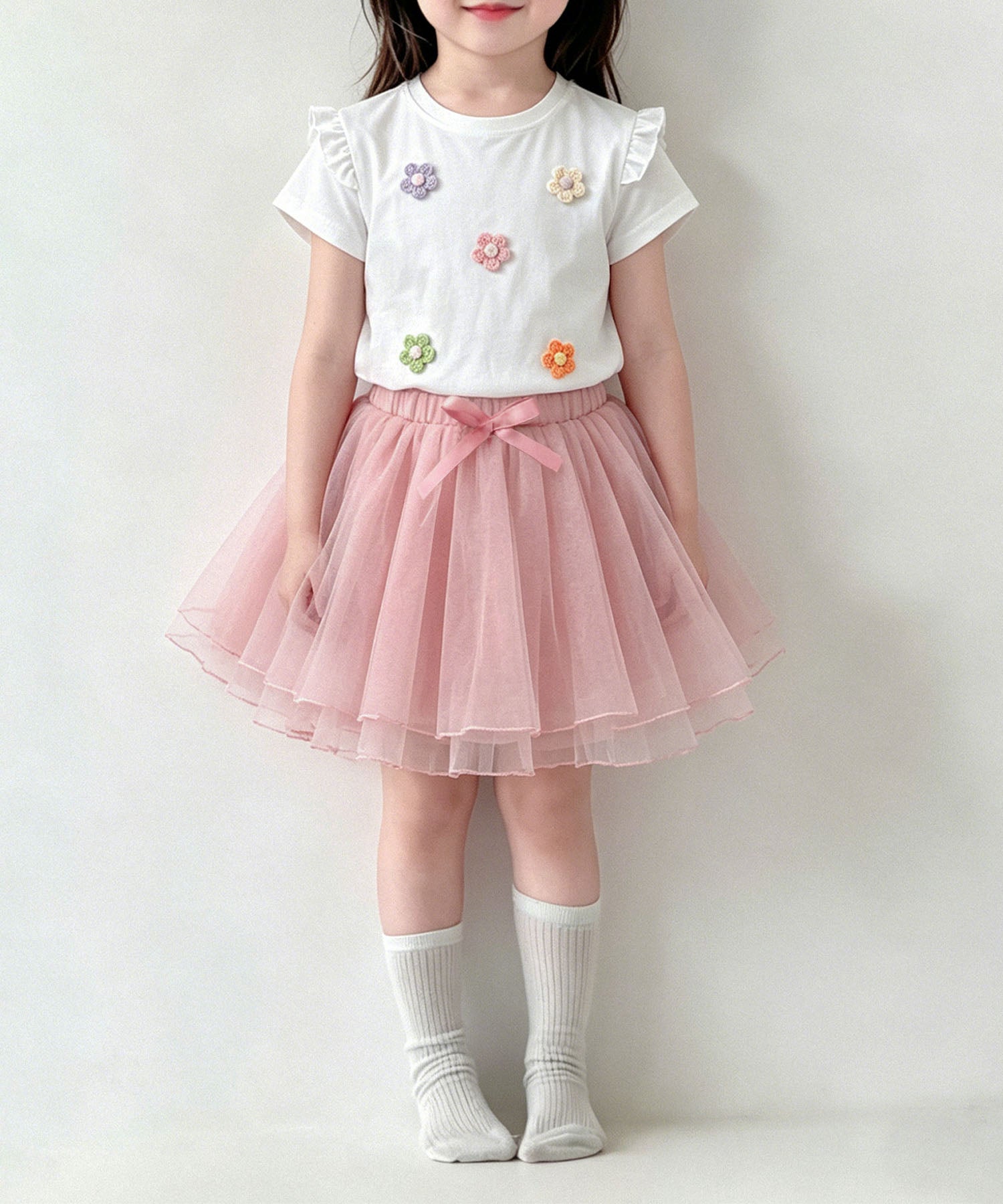 【aimoha-KIDS-】フラワーモチーフフリルTシャツ (SS)