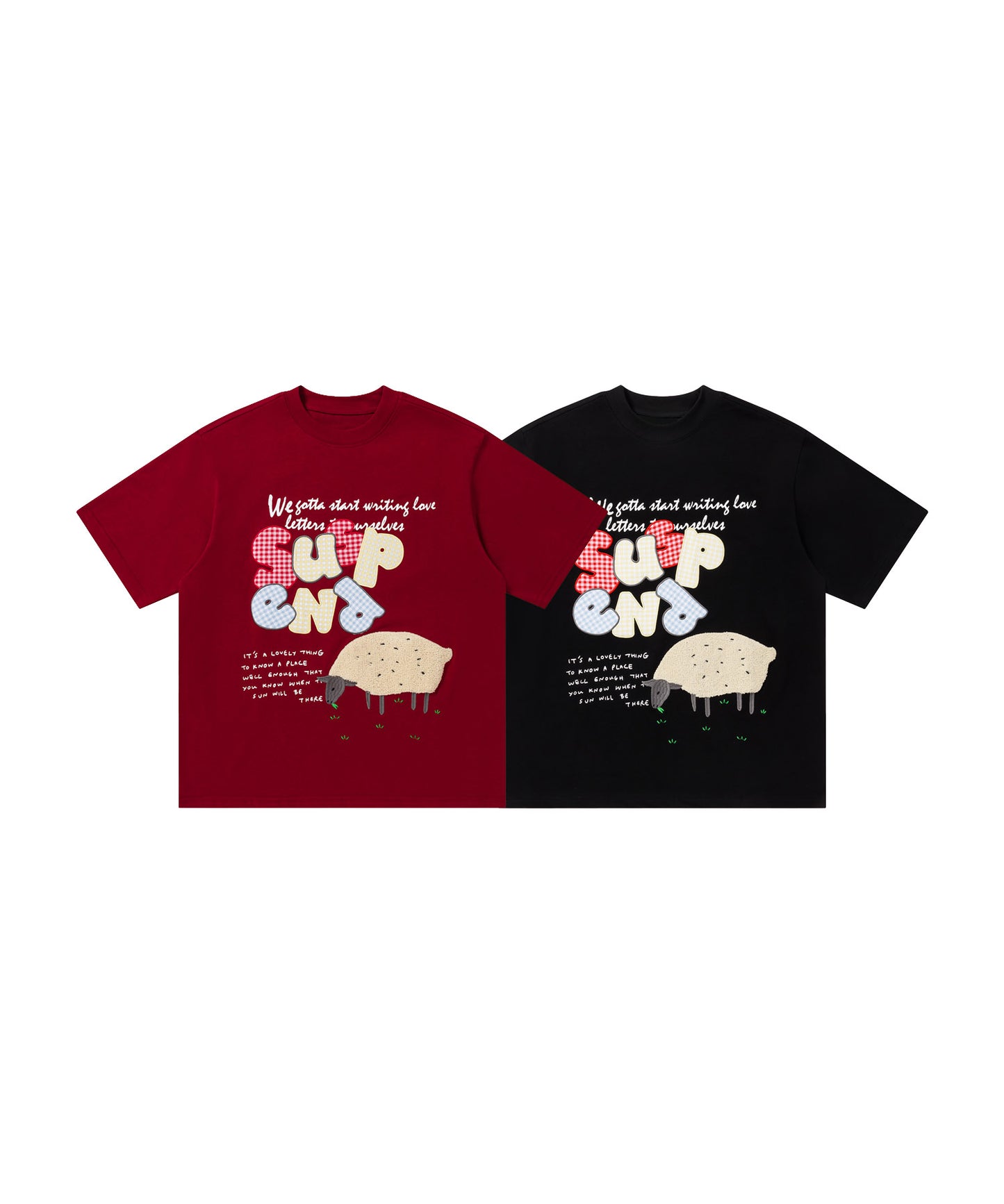 ギンガムパッチワーク文字アップリケ × もこもこひつじ刺繍 ビッグTシャツ (SS)