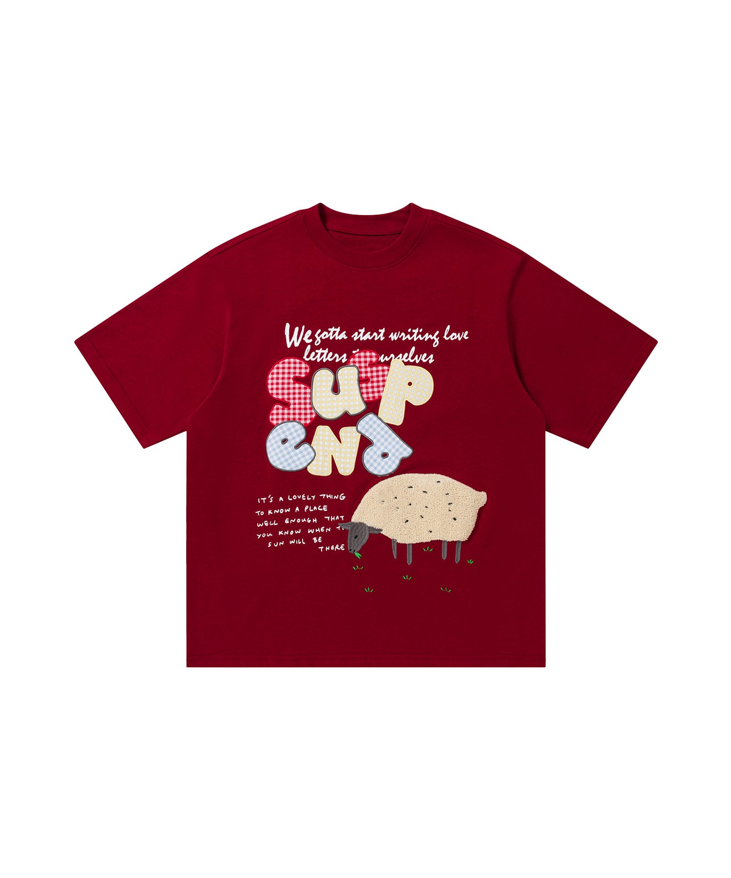 ギンガムパッチワーク文字アップリケ × もこもこひつじ刺繍 ビッグTシャツ (SS)