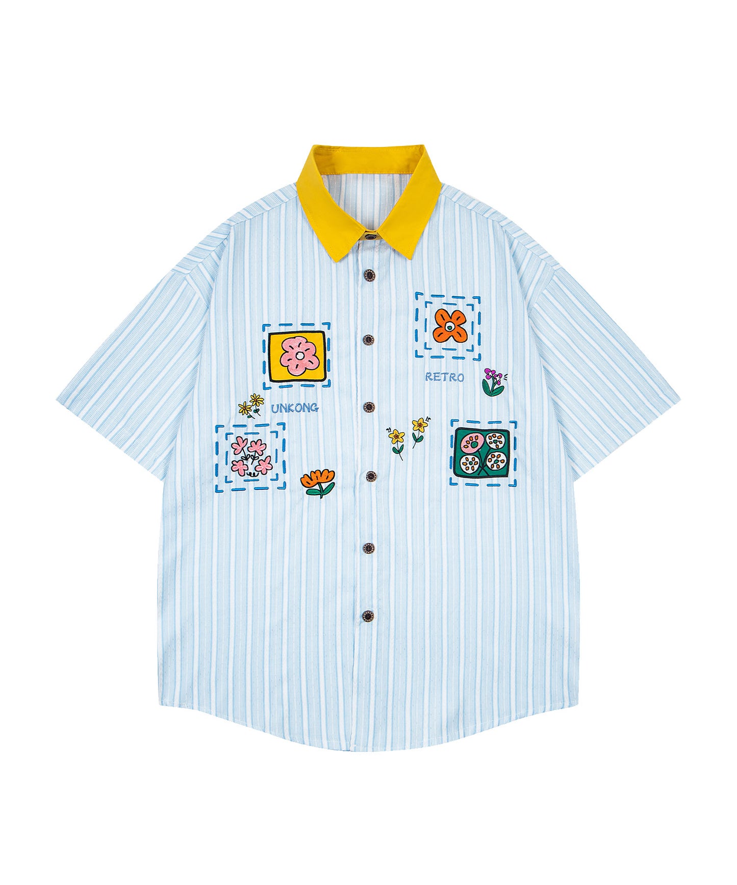 配色襟 花柄刺繍ストライプ半袖ビッグシャツ (SS)
