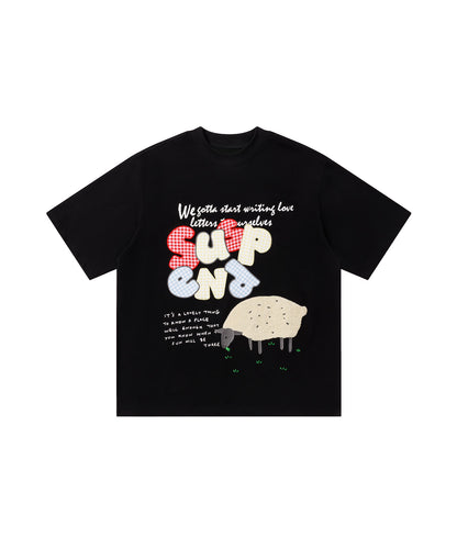 ギンガムパッチワーク文字アップリケ × もこもこひつじ刺繍 ビッグTシャツ (SS)