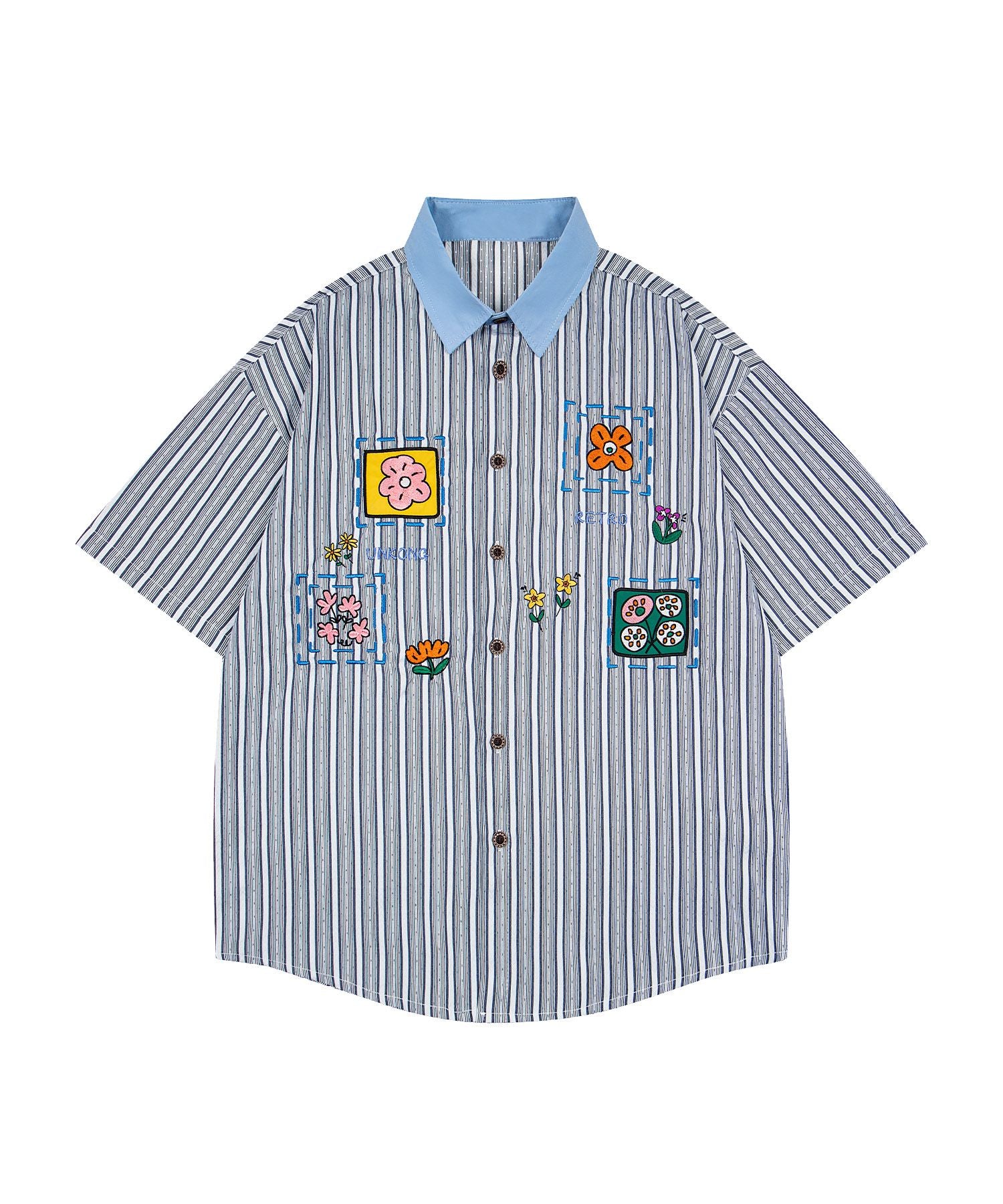 配色襟 花柄刺繍ストライプ半袖ビッグシャツ (SS)