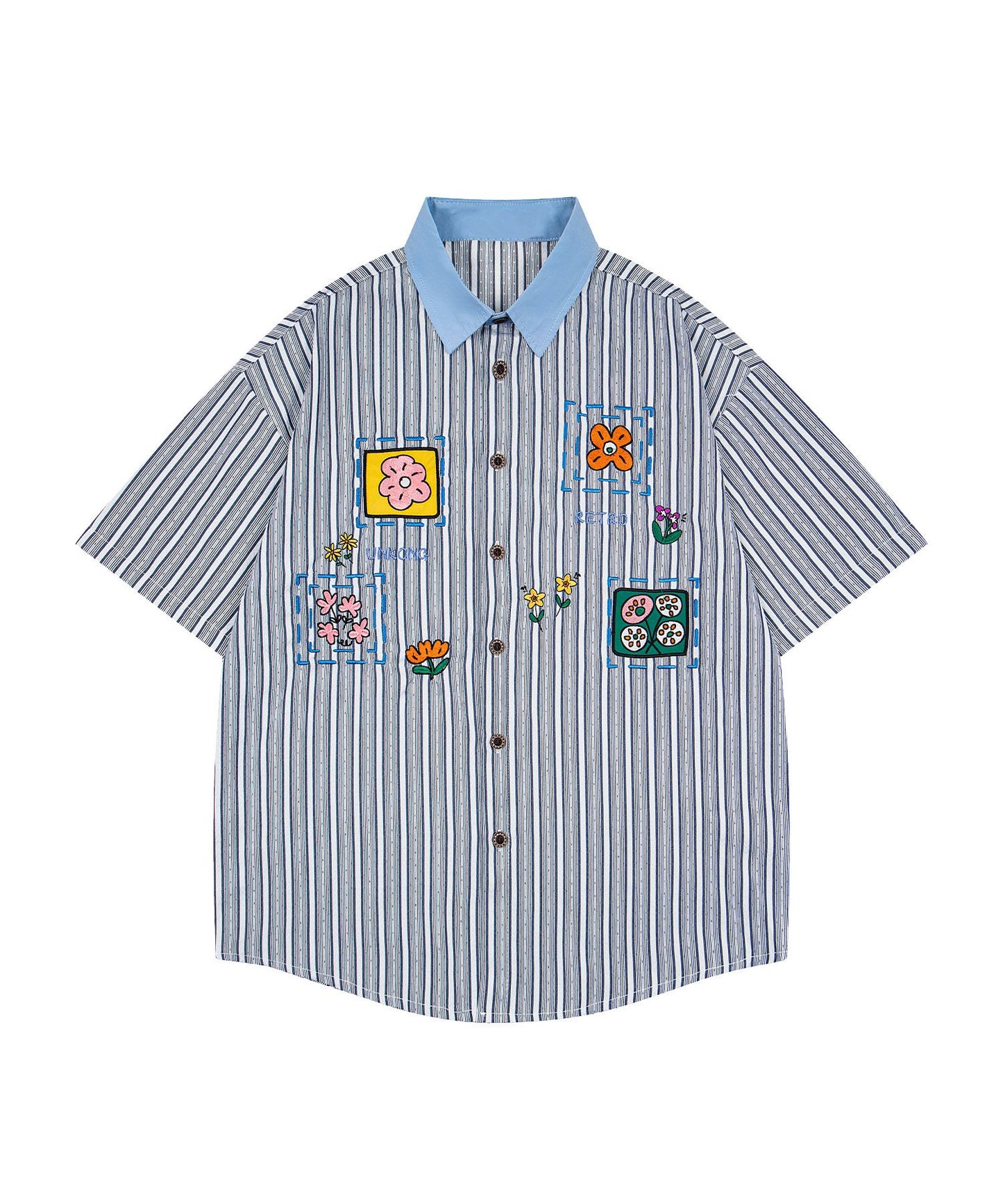 配色襟 花柄刺繍ストライプ半袖ビッグシャツ (SS)