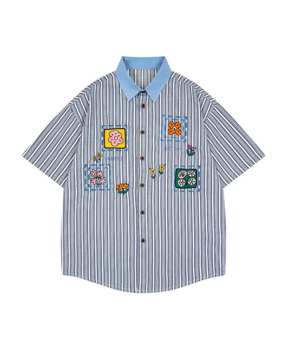 配色襟 花柄刺繍ストライプ半袖ビッグシャツ (SS)