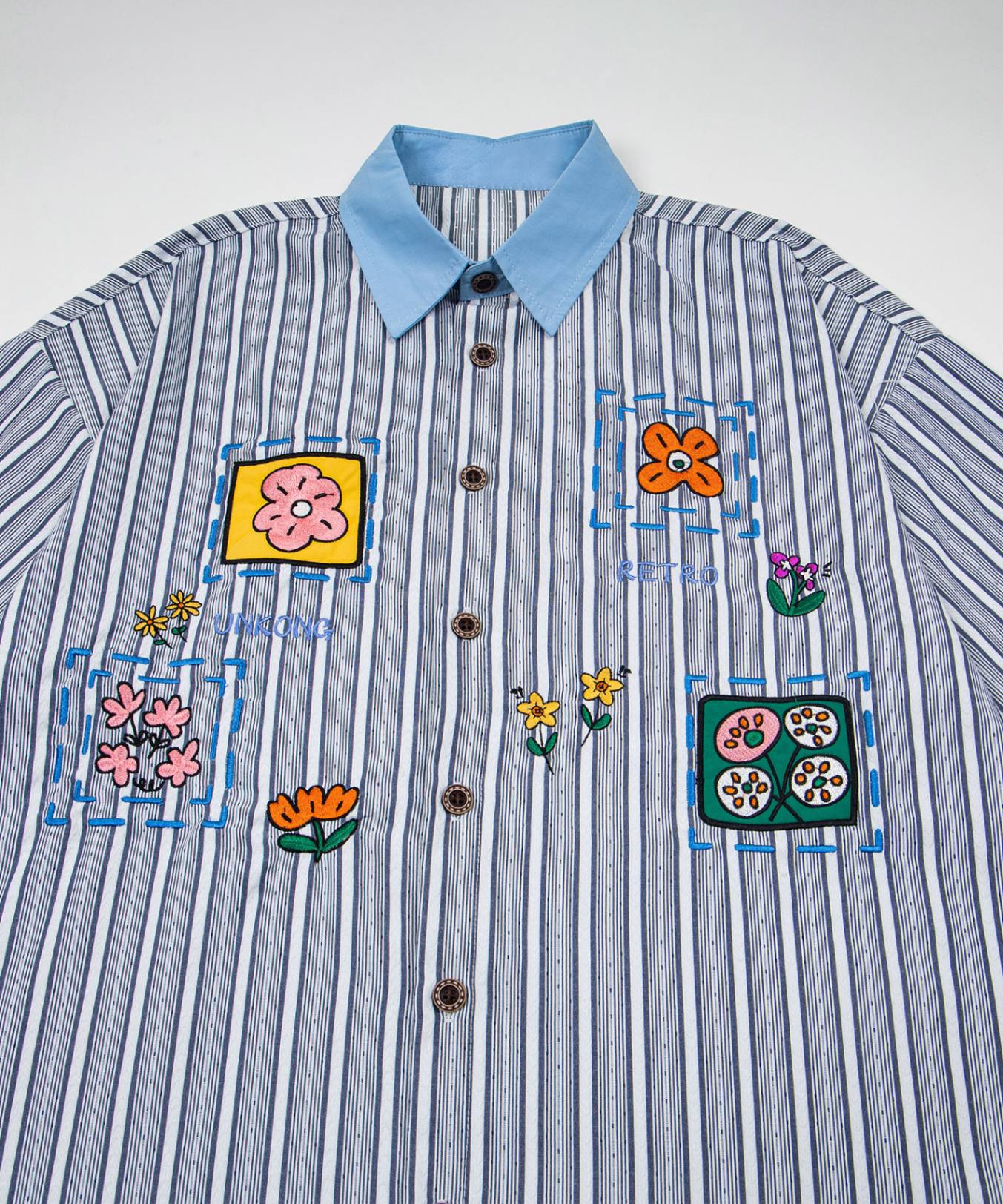 配色襟 花柄刺繍ストライプ半袖ビッグシャツ (SS)