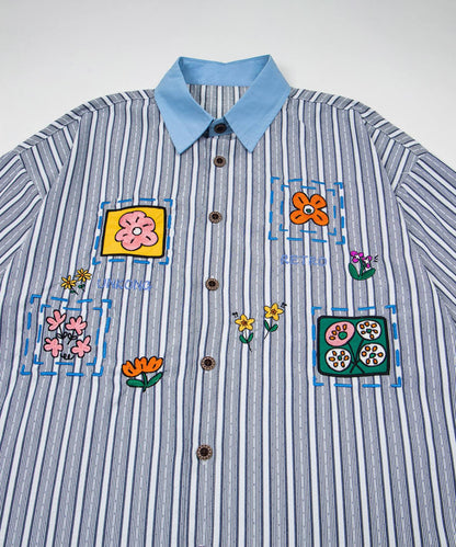 配色襟 花柄刺繍ストライプ半袖ビッグシャツ (SS)