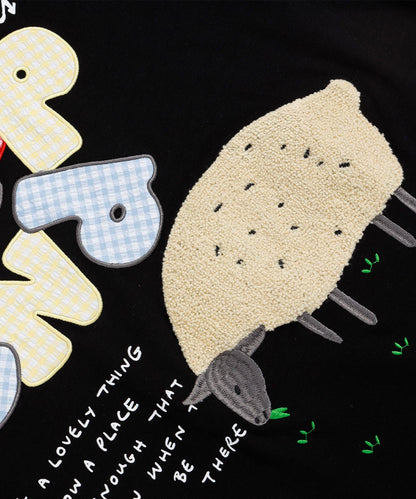 ギンガムパッチワーク文字アップリケ × もこもこひつじ刺繍 ビッグTシャツ (SS)