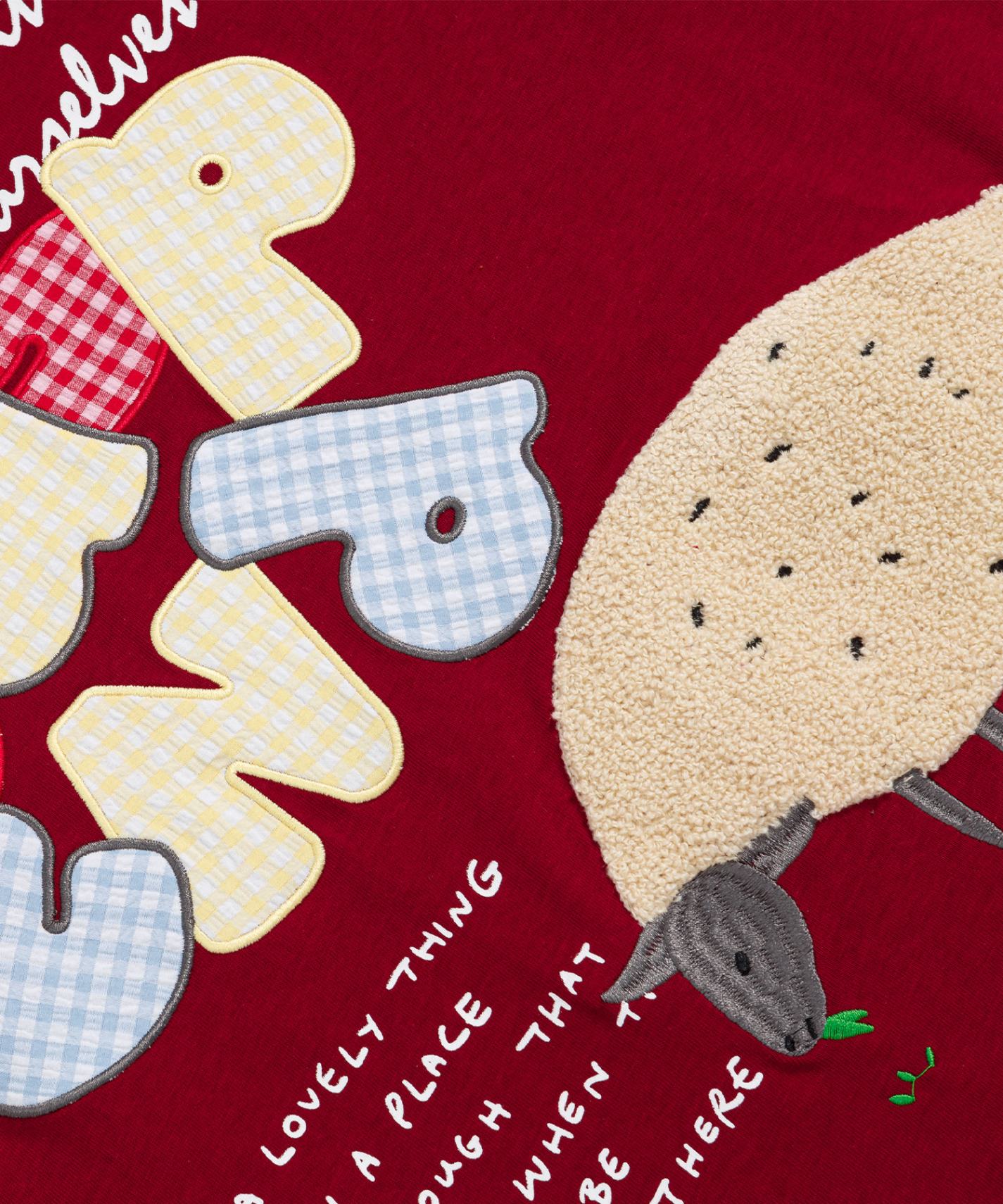 ギンガムパッチワーク文字アップリケ × もこもこひつじ刺繍 ビッグTシャツ (SS)