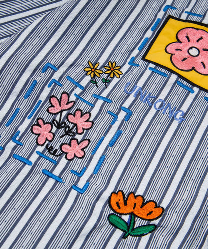 配色襟 花柄刺繍ストライプ半袖ビッグシャツ (SS)