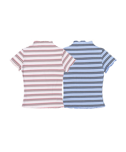 HOOK for girls　ランダムボーダー柄メロウフリル半袖Tシャツ