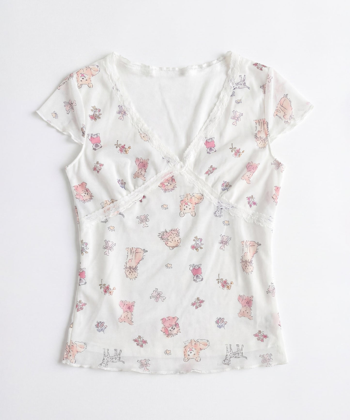HOOK for girls　透かし編みレース切り替え半袖ニットTシャツ